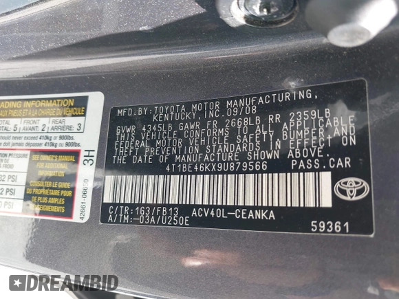 2009 Toyota Camry with VIN 4T1BE46KX9U879566, listed as a IAAI auction lot 42020660 with 207,291 mi miles. Bid and sale history available at carsss.com. Image 9.