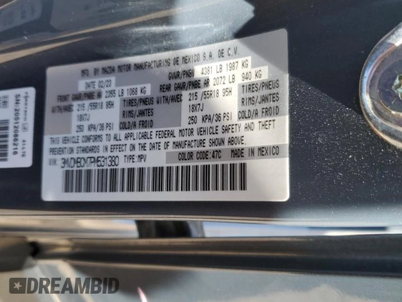 2023 Mazda CX-30 S Preferred with VIN 3MVDMBCM7PM531380, listed as a Copart auction lot 62732205 with Not provided miles and Salvage title. Bid and sale history available at DreamBid. Image 14.
