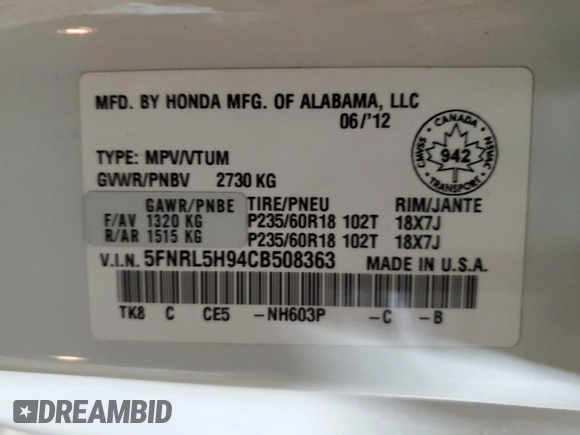 2012 Honda Odyssey Touring with VIN 5FNRL5H94CB508363, listed as a Copart auction lot 42777305 with 158,040 mi miles and Salvage Title. Bid and sale history available at DreamBid. Image 13.