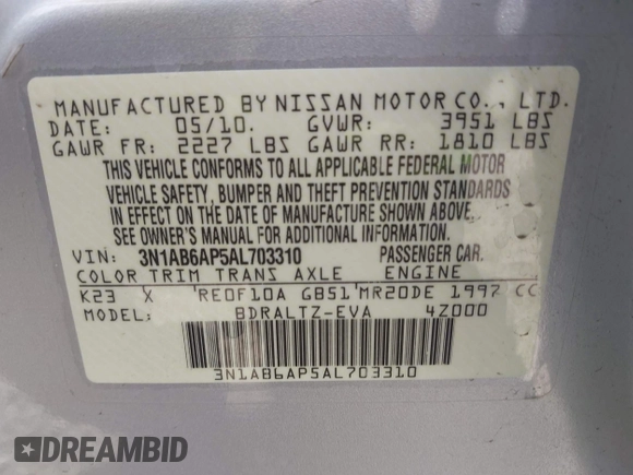 2010 Nissan Sentra SR with VIN 3N1AB6AP5AL703310, listed as a IAAI auction lot 42174040 with 121,260 mi miles and . Bid and sale history available at DreamBid. Image 9.