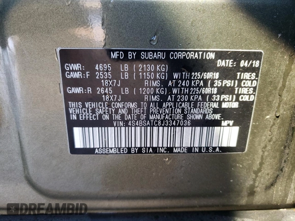 2018 Subaru Outback Touring with VIN 4S4BSATC8J3347036, listed as a Copart auction lot 42232655 with 101,384 mi miles and Salvage title. Bid and sale history available at DreamBid. Image 12.