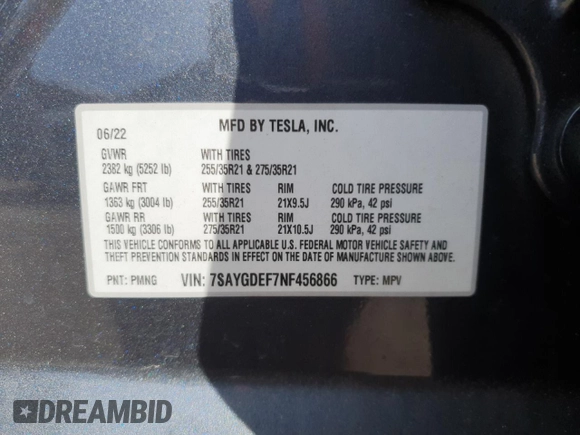 2022 Tesla Model Y Performance with VIN 7SAYGDEF7NF456866, listed as a Copart auction lot 52552685 with Not provided miles and Salvage title. Bid and sale history available at DreamBid. Image 12.
