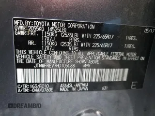 2017 Toyota RAV4 XLE with VIN JTMWFREV7HD105088, listed as a Copart auction lot 53138545 with 88,964 mi miles and Salvage Title. Bid and sale history available at DreamBid. Image 16.