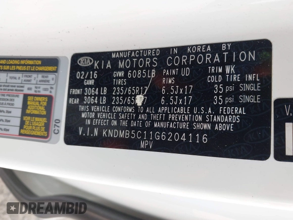 2016 Kia Sedona LX with VIN KNDMB5C11G6204116, listed as a IAAI auction lot 42153230 with 194,553 mi miles. Bid and sale history available at carsss.com. Image 9.