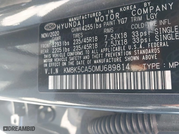 2021 Hyundai Kona Ultimate with VIN KM8K5CA50MU689814, listed as a IAAI auction lot 40655779 with 33,229 mi miles. Bid and sale history available at carsss.com. Image 9.
