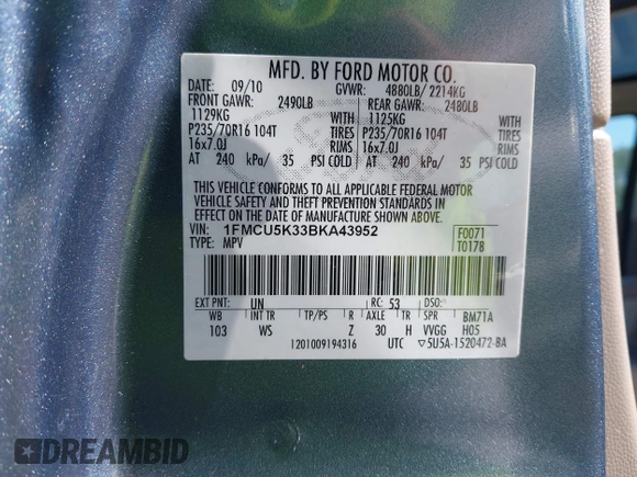 2011 Ford Escape Hybrid с VIN 1FMCU5K33BKA43952, выставлен на аукционе IAAI как лот 42560609 с пробегом 163 067 миль миль и . История ставок и продаж доступна на DreamBid. Изображение 9.