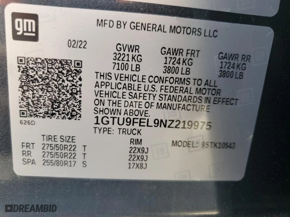 2022 GMC Sierra 1500 Limited Denali with VIN 1GTU9FEL9NZ219975, listed as a Copart auction lot 51898115 with 34,031 mi miles and Clean Title. Bid and sale history available at carsss.com. Image 12.