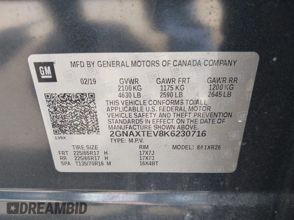 2019 Chevrolet Equinox LT z VIN 2GNAXTEV8K6230716, wystawiony jako IAAI lot #42273645 z przebiegiem 63 762 mil mil oraz . Historia ofert i sprzedaży dostępna na DreamBid. Obrazek 9.