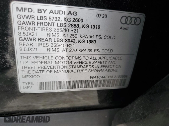 2020 Audi SQ5 Prestige with VIN WA1C4AFYXL2100954, listed as a Copart auction lot 41101133 with 31,839 mi miles. Bid and sale history available at carsss.com. Image 14.