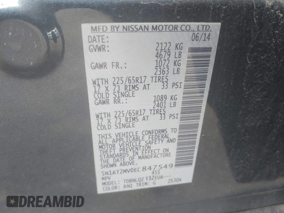 2014 Nissan Rogue S with VIN 5N1AT2MV0EC847549, listed as a IAAI auction lot 41877925 with 172,750 mi miles. Bid and sale history available at carsss.com. Image 9.