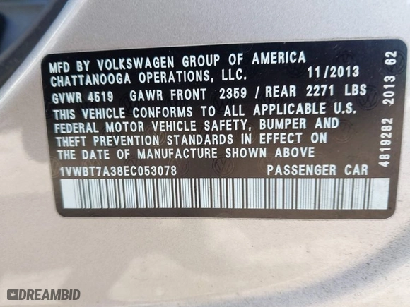 2014 Volkswagen Passat SE w/Sunroof with VIN 1VWBT7A38EC053078, listed as a IAAI auction lot 41832602 with 173,802 mi miles. Bid and sale history available at carsss.com. Image 9.