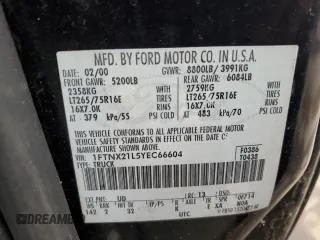 2000 Ford F-250 XL with VIN 1FTNX21L5YEC66604, listed as a Copart auction lot 51754055 with 167,798 mi miles and Salvage title. Bid and sale history available at DreamBid. Image 12.