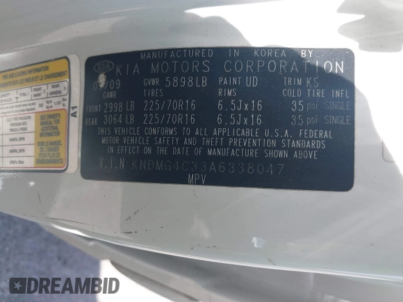 2010 Kia Sedona LX with VIN KNDMG4C33A6338047, listed as a IAAI auction lot 42128485 with 99,498 mi miles and . Bid and sale history available at carsss.com. Image 9.