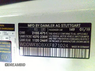 2019 Mercedes-Benz C 300 with VIN WDDWK8DBXKF871024, listed as a IAAI auction lot 33052122 with Not Provided miles and . Bid and sale history available at carsss.com. Image 9.