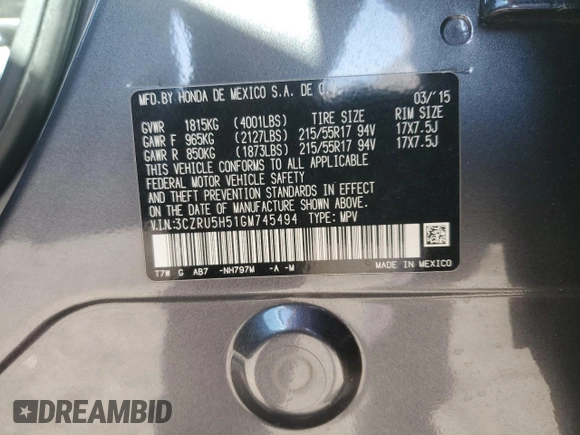 2016 Honda HR-V EX with VIN 3CZRU5H51GM745494, listed as a Copart auction lot 51618805 with 73,393 mi miles and Salvage Title. Bid and sale history available at DreamBid. Image 13.