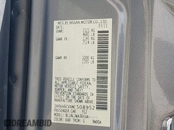 2021 Nissan Maxima SV z VIN 1N4AA6CVXMC508952, wystawiony jako IAAI lot #42491745 z przebiegiem 66 250 mil mil oraz . Historia ofert i sprzedaży dostępna na DreamBid. Obrazek 9.