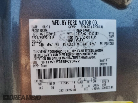 2011 Ford F-150 XLT with VIN 1FTFW1ET5BFC70472, listed as a Copart auction lot 51338825 with 151,719 mi miles and Salvage Title. Bid and sale history available at carsss.com. Image 14.