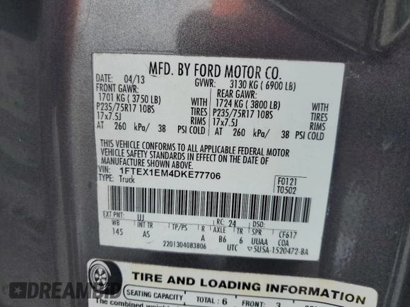 2013 Ford F-150 XL z VIN 1FTEX1EM4DKE77706, wystawiony jako Copart lot #57759535 z przebiegiem 180 754 mil mil oraz Szkoda całkowita • Salvage title. Historia ofert i sprzedaży dostępna na DreamBid. Obrazek 12.