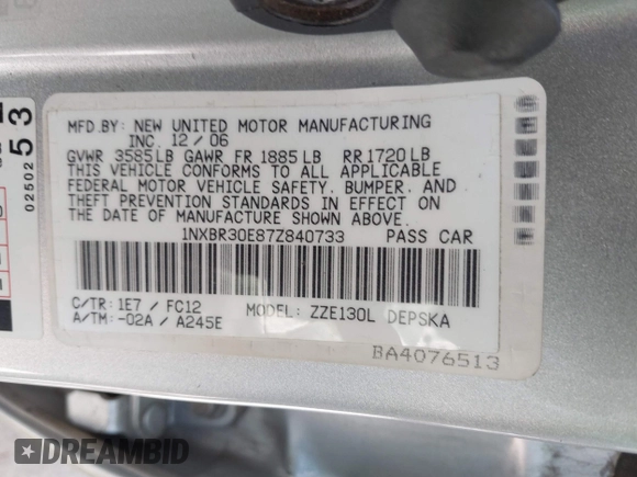 2007 Toyota Corolla CE with VIN 1NXBR30E87Z840733, listed as a IAAI auction lot 42097904 with 224,269 mi miles and . Bid and sale history available at DreamBid. Image 9.
