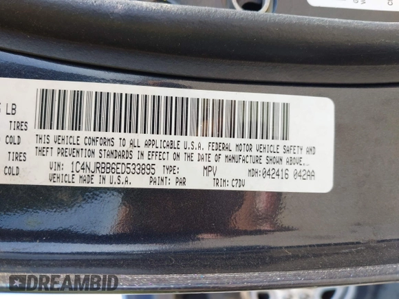 2014 Jeep Patriot Sport with VIN 1C4NJRBB6ED533895, listed as a IAAI auction lot 42206470 with 104,603 mi miles. Bid and sale history available at carsss.com. Image 9.