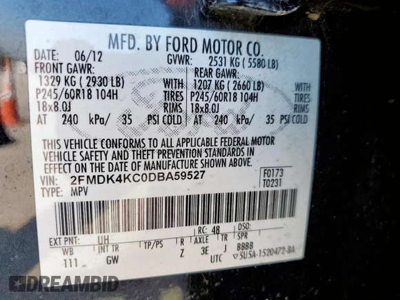2013 Ford Edge Limited with VIN 2FMDK4KC0DBA59527, listed as a Copart auction lot 52045285 with 175,257 mi miles and Clean Title. Bid and sale history available at carsss.com. Image 13.