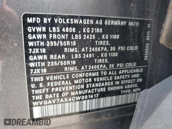 2012 Volkswagen Tiguan SE z VIN WVGAV7AX4CW001417, wystawiony jako Copart lot #61105865 z przebiegiem 168 110 mil mil oraz Czysty tytuł • Clean title. Historia ofert i sprzedaży dostępna na DreamBid. Obrazek 12.