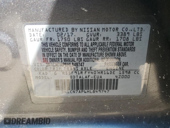 2017 Nissan Versa S with VIN 3N1CN7AP6HL849747, listed as a Copart auction lot 62293315 with 155,324 mi miles and Salvage title. Bid and sale history available at DreamBid. Image 13.