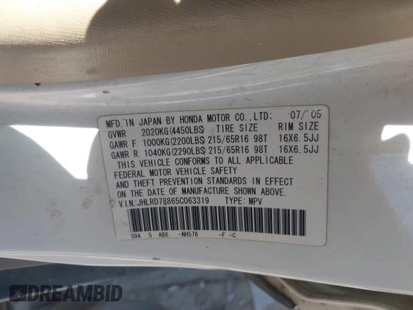 2005 Honda CR-V EX with VIN JHLRD78865C063319, listed as a IAAI auction lot 42160375 with 203,213 mi miles and . Bid and sale history available at carsss.com. Image 9.