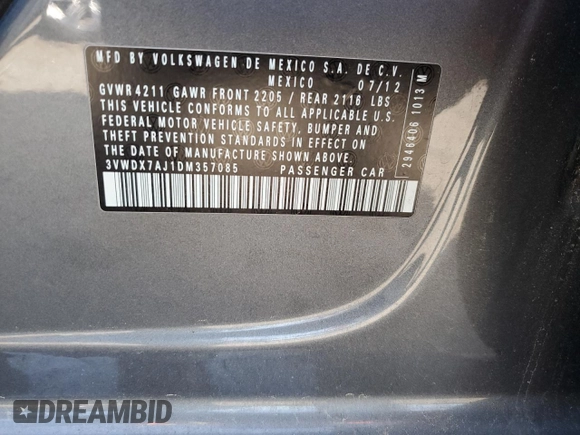 2013 Volkswagen Jetta SE with VIN 3VWDX7AJ1DM357085, listed as a Copart auction lot 55045725 with 156,513 mi miles and Salvage title. Bid and sale history available at DreamBid. Image 12.