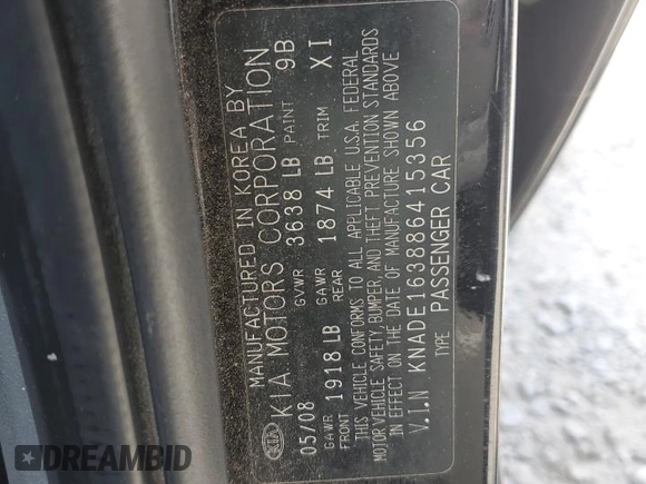 2008 Kia Rio LX with VIN KNADE163886415356, listed as a Copart auction lot 53208515 with 137,000 mi miles and Clean Title. Bid and sale history available at carsss.com. Image 12.