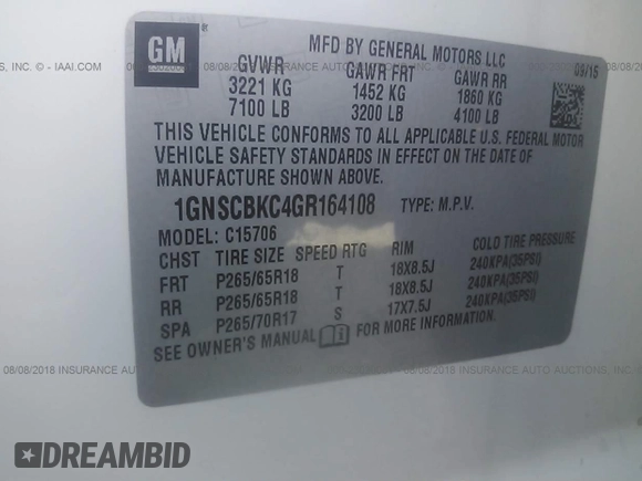 2016 Chevrolet Tahoe LT z VIN 1GNSCBKC4GR164108, wystawiony jako IAAI lot #23020061 z przebiegiem Nie podano mil oraz . Historia ofert i sprzedaży dostępna na DreamBid. Obrazek 9.