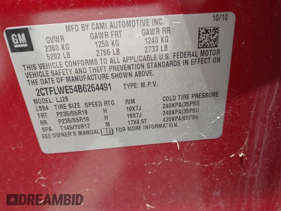 2011 GMC Terrain SLT-2 with VIN 2CTFLWE54B6264491, listed as a IAAI auction lot 42052789 with 201,727 mi miles and . Bid and sale history available at carsss.com. Image 9.