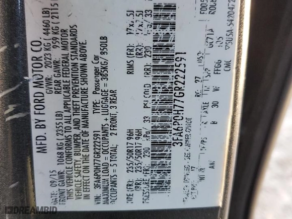 2016 Ford Fusion SE with VIN 3FA6P0H77GR222591, listed as a Copart auction lot 45629935 with 0 mi miles and Salvage Title. Bid and sale history available at carsss.com. Image 13.