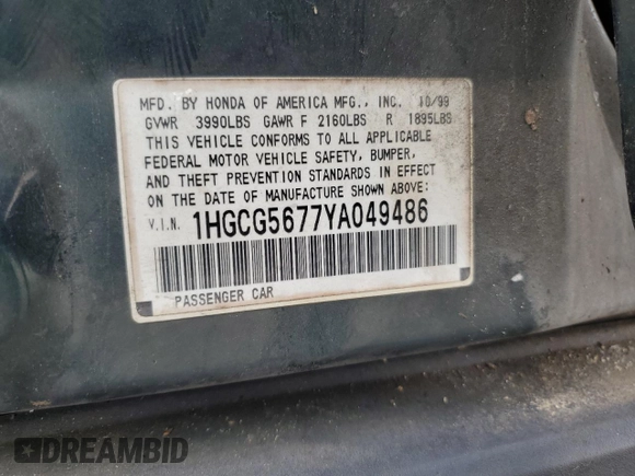 2000 Honda Accord SE with VIN 1HGCG5677YA049486, listed as a Copart auction lot 58548565 with 267,067 mi miles and Salvage title. Bid and sale history available at DreamBid. Image 13.