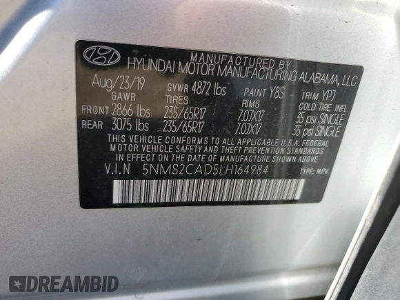 2020 Hyundai Santa Fe SE with VIN 5NMS2CAD5LH164984, listed as a Copart auction lot 58176345 with 110,226 mi miles and Clean title. Bid and sale history available at DreamBid. Image 12.