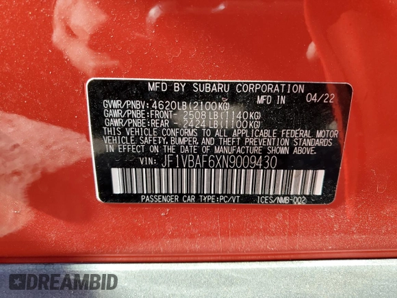 2022 Subaru WRX Premium with VIN JF1VBAF6XN9009430, listed as a Copart auction lot 41533625 with 36,946 mi miles and Salvage Title. Bid and sale history available at DreamBid. Image 13.