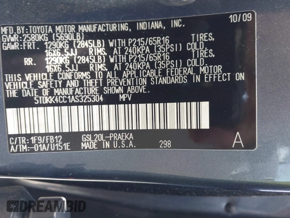 2010 Toyota Sienna CE with VIN 5TDKK4CC1AS325304, listed as a IAAI auction lot 42086915 with 126,703 mi miles and . Bid and sale history available at DreamBid. Image 9.