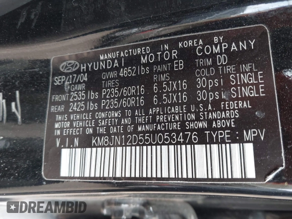 2005 Hyundai Tucson GLS with VIN KM8JN12D55U053476, listed as a IAAI auction lot 42118213 with 202,475 mi miles. Bid and sale history available at carsss.com. Image 9.