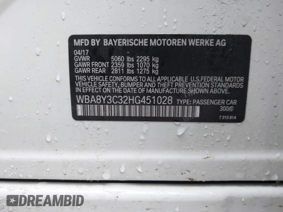 2017 BMW 3 Series z VIN WBA8Y3C32HG451028, wystawiony jako IAAI lot #41552648 z przebiegiem Nie podano mil oraz . Historia ofert i sprzedaży dostępna na DreamBid. Obrazek 9.