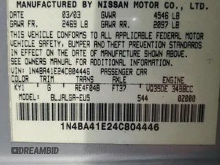 2004 Nissan Maxima SE with VIN 1N4BA41E24C804446, listed as a Copart auction lot 54878575 with 88,852 mi miles and Clean Title. Bid and sale history available at carsss.com. Image 12.