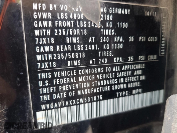 2012 Volkswagen Tiguan SE z VIN WVGAV7AXXCW531875, wystawiony jako Copart lot #82137824 z przebiegiem 147 210 mil mil oraz Tytuł czysty. Historia ofert i sprzedaży dostępna na DreamBid. Obrazek 15.