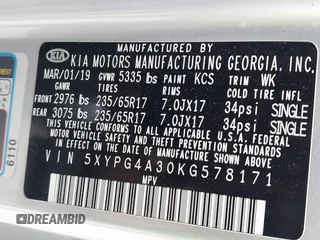 2019 Kia Sorento L with VIN 5XYPG4A30KG578171, listed as a IAAI auction lot 41875653 with 113,762 mi miles. Bid and sale history available at carsss.com. Image 9.
