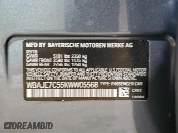 2019 BMW 5 Series 540i xDrive with VIN WBAJE7C55KWW05568, listed as a Copart auction lot 42807505 with 58,611 mi miles and Salvage Title. Bid and sale history available at carsss.com. Image 13.