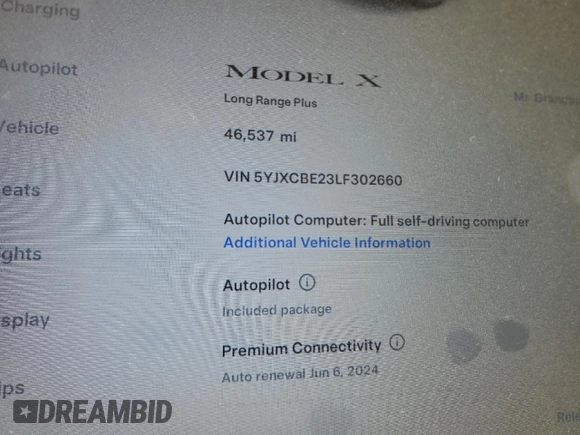 2020 Tesla Model X Long Range with VIN 5YJXCBE23LF302660, listed as a Copart auction lot 54181524 with 46,537 mi miles and Salvage Title. Bid and sale history available at DreamBid. Image 9.