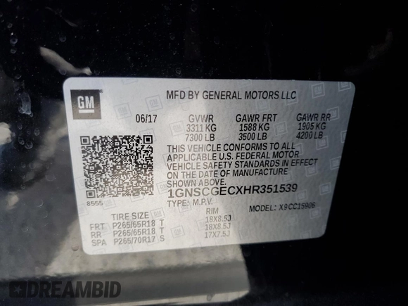 2017 Chevrolet Suburban LS with VIN 1GNSCGECXHR351539, listed as a Copart auction lot 87070214 with 246,129 mi miles and Salvage title. Bid and sale history available at DreamBid. Image 13.