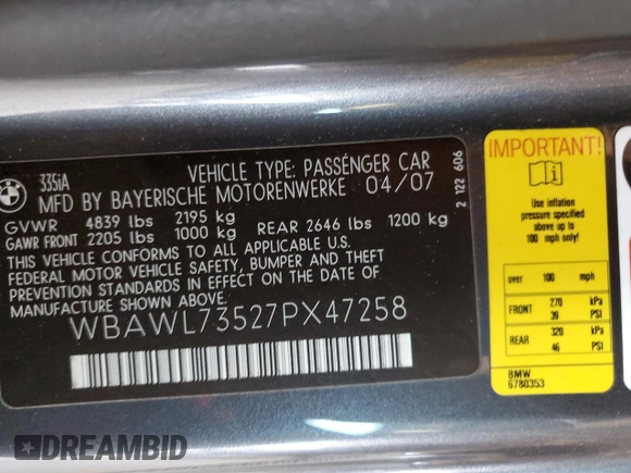 2007 BMW 3 Series 335i z VIN WBAWL73527PX47258, wystawiony jako Copart lot #57913465 z przebiegiem 122 592 mil mil oraz Szkoda całkowita • Salvage title. Historia ofert i sprzedaży dostępna na DreamBid. Obrazek 12.