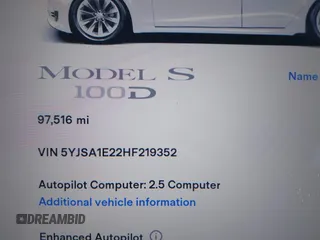 2017 Tesla Model S 100D with VIN 5YJSA1E22HF219352, listed as a IAAI auction lot 41831322 with 97,516 mi miles and . Bid and sale history available at DreamBid. Image 7.