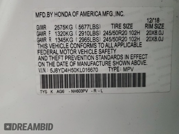 2019 Acura MDX Technology with VIN 5J8YD4H50KL016670, listed as a Copart auction lot 56820085 with 36,664 mi miles and Salvage title. Bid and sale history available at DreamBid. Image 14.