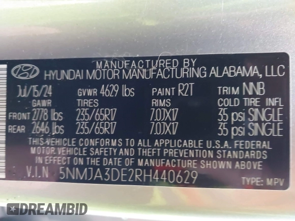 2024 Hyundai Tucson SE with VIN 5NMJA3DE2RH440629, listed as a IAAI auction lot 41535646 with 4,670 mi miles and . Bid and sale history available at DreamBid. Image 9.