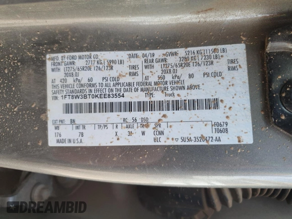 2019 Ford F-350 XL with VIN 1FT8W3BT0KEE83554, listed as a Copart auction lot 48820865 with 198,408 mi miles and Salvage Title. Bid and sale history available at DreamBid. Image 14.